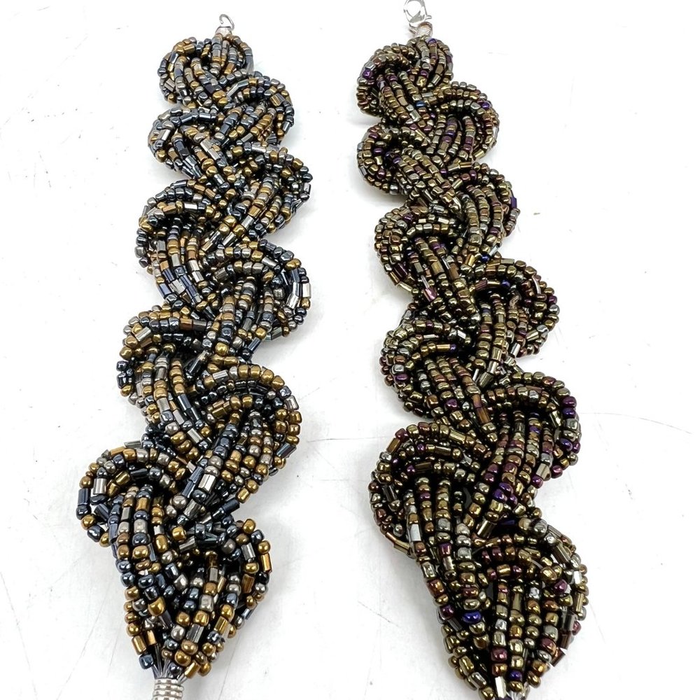 2 Vintage Bracelets Black Copper Seed Beaded Twisted Braided Strand Chunky
